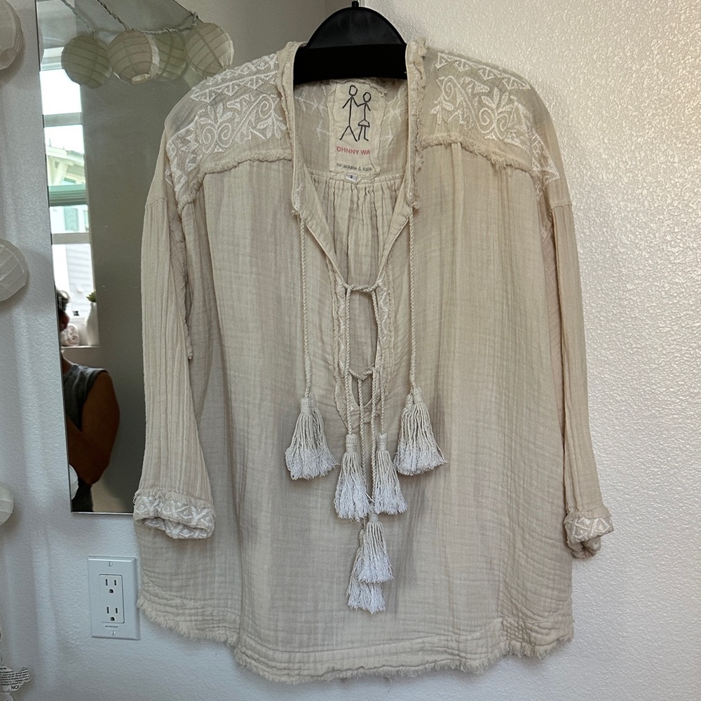 Johnny Was Cream Blouse with White Embroidery and Tassels